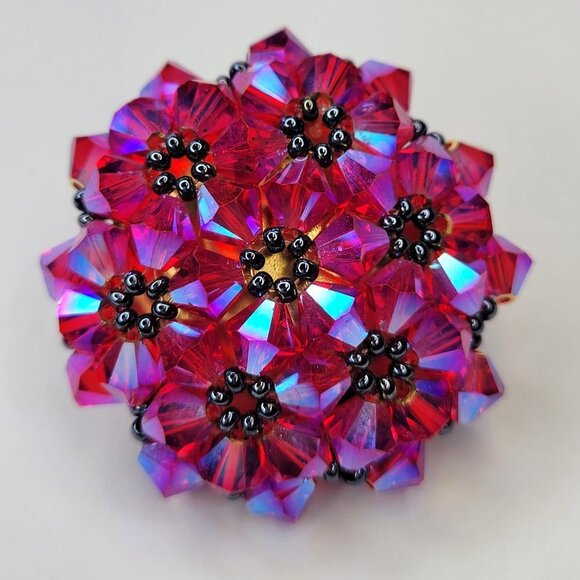 Fuchsia Sparkling Crystal Ring Bicone Beads Cluster Ring Glitter Stretch Ring - Picture 2 of 9